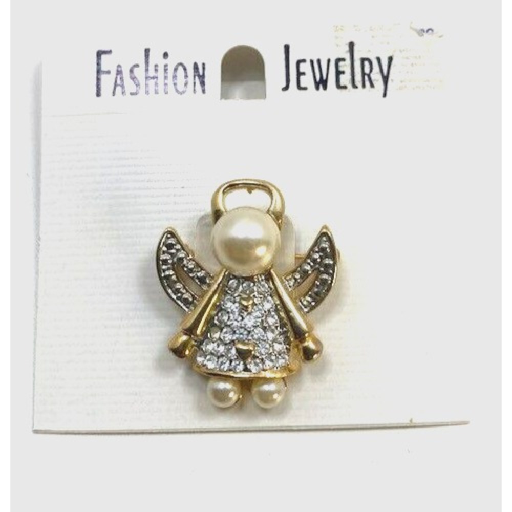 Vintage Christmas Angel Pave Rhinestone Pearl Gold tone Brooch‎ Pin 1.5 in